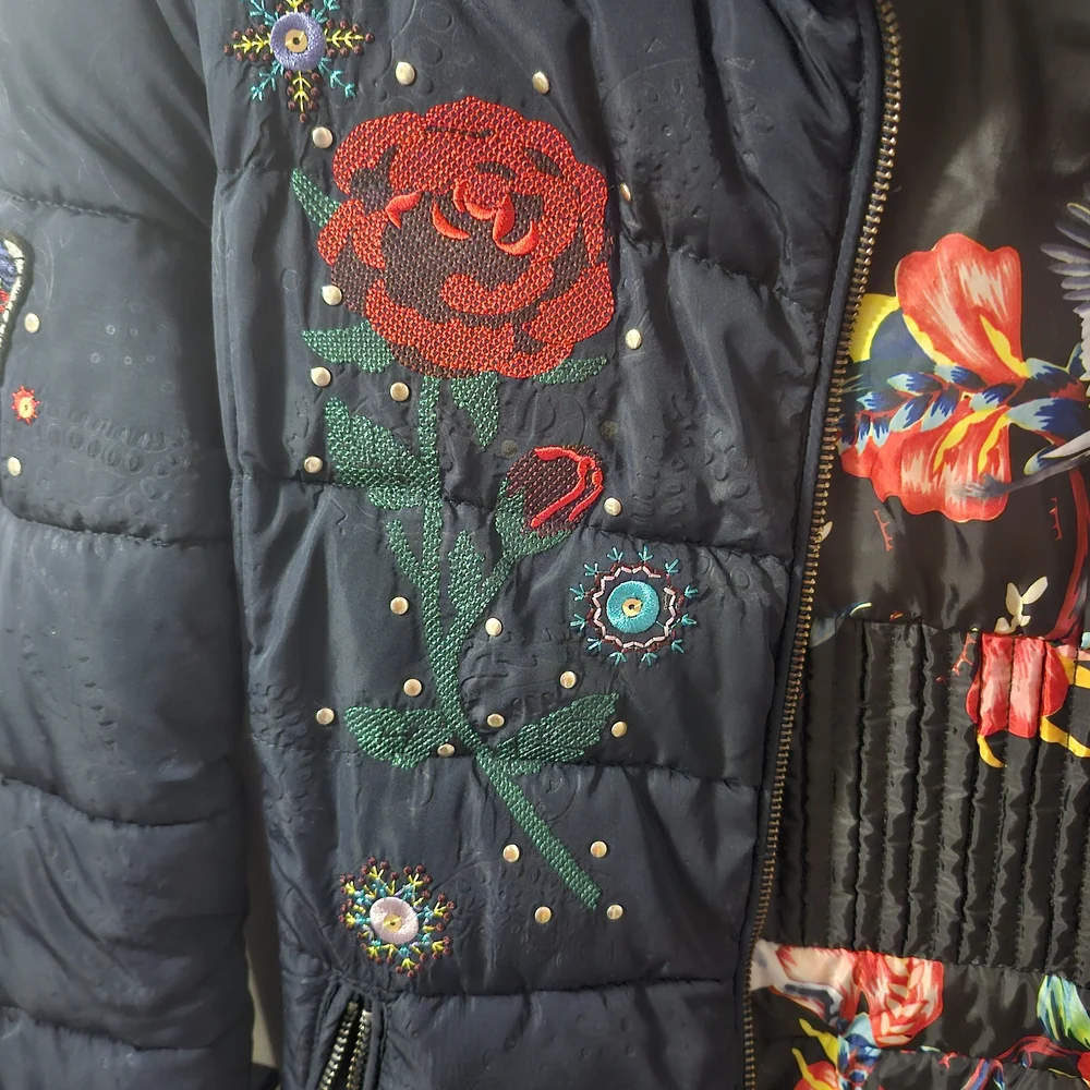 Desigual Navy Puffer Jacket with Red Rose Embroidery - Picture 8 of 11